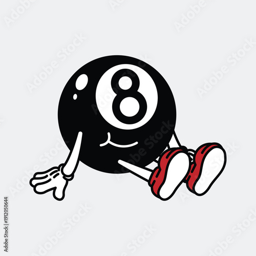Cartoon 8 Ball Character Sitting Down. Billiard Retro Mascot Cartoon Character.