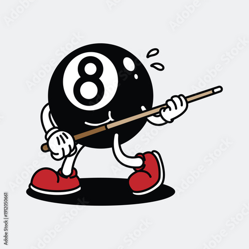 Cartoon 8 Ball Pool Character Holding Cue Stick. Billiard Retro Mascot Cartoon Character.