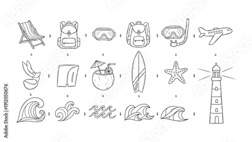 Embracing the Journey: An array of sketched elements, including a beach chair, backpack, mask, airplane, coconut drink, and waves, evoke the excitement of travel and the allure of summer. 