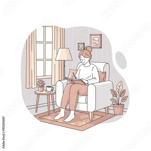 Woman writing in notebook while sitting in armchair at home, cozy interior, natural light