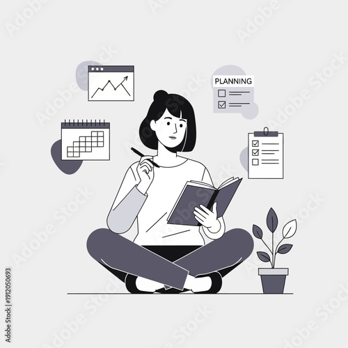 Woman planning and organizing tasks with calendar, checklist and graph