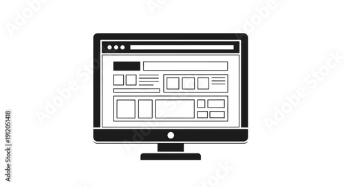 A computer monitor displaying a wireframe website design with various layout elements and a clean interface