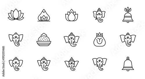 A collection of line icons representing various Hindu and Buddhist symbols and deities, including Ganesha and lotus flowers, on a clean white background from a straightforward viewpoint.