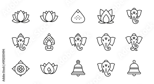 Collection of simple line icons representing various cultural and religious symbols, including flowers, bells, and deities, in a minimalist style.