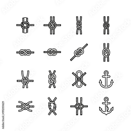 Black Line Icons Set of Various Rope Knots, Nautical Connections, and Sea Anchors for Sailing and Marine Safety
