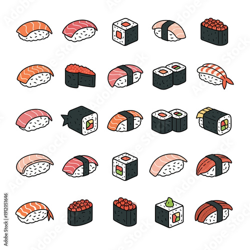 Colorful Set of Cute Sushi and Maki Roll Icons for Japanese Food Design.