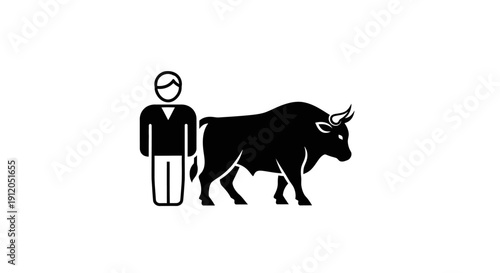 A farmer stands beside a cow in a simple illustration