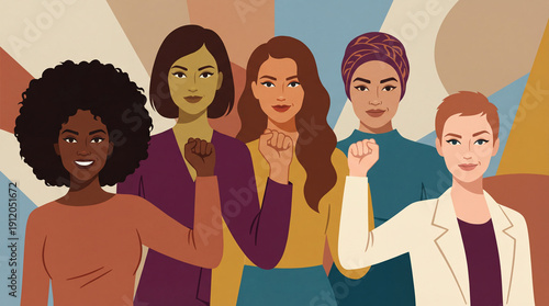 Diverse women raising fists in solidarity on colorful background  