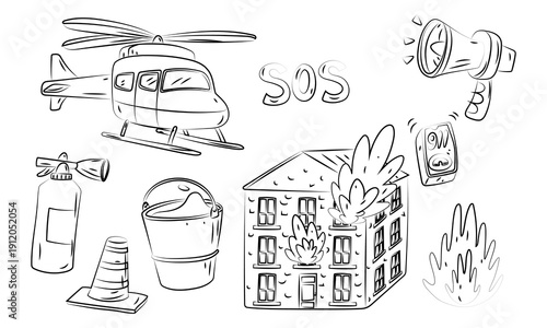 Emergency rescue service grunge and fire safety elements set. Flat illustration with helicopter, burning building and equipment for professional firefighting posters or educational security projects