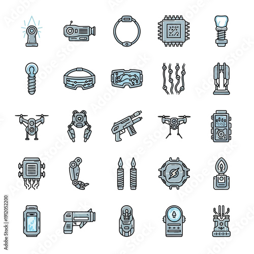 Futuristic Technology and Robotics Vector Icons Set: Drones, Cybernetic Parts, Weapons, and Gadgets.