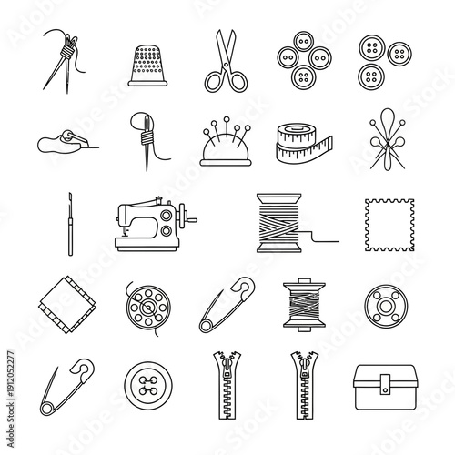 Collection of Outline Icons for Sewing Tools and Tailoring Supplies: Needles, Thread, Buttons, Thimble, and Sewing Machine.