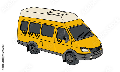 26,01,28,24Yellow taxi minibus van isolated on white background. Flat illustration for city transport service posters, urban shuttle banners or passenger delivery design projects