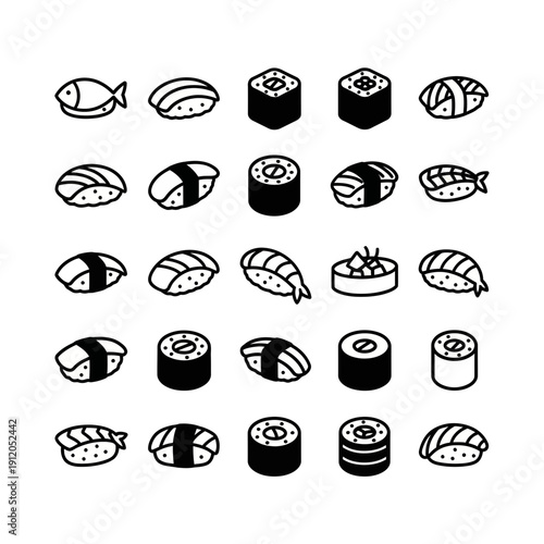 Black and White Sushi Icons Set: Japanese Cuisine Collection of Nigiri, Maki Rolls, and Seafood Symbols