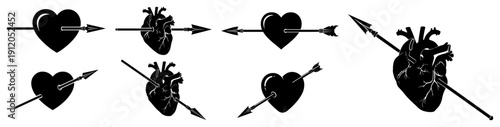 Collection of heart and anatomical heart shapes pierced by arrows vector silhouettes