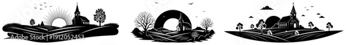 Peaceful rural landscapes with church and rising sun in silhouette woodcut style
