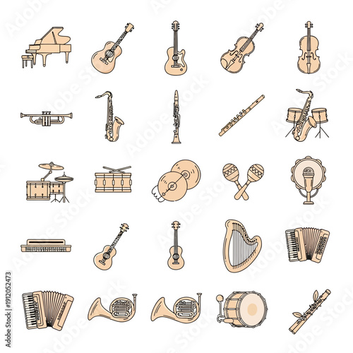 Outline vector icons set of various classical, orchestral, and modern musical instruments