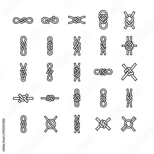Diverse Rope Knots Vector Icons Set: Outline Illustrations of Sailing, Climbing, Fishing, and Decorative Tying Techniques