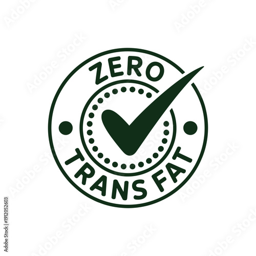 A circular green zero trans fat label with a checkmark inside