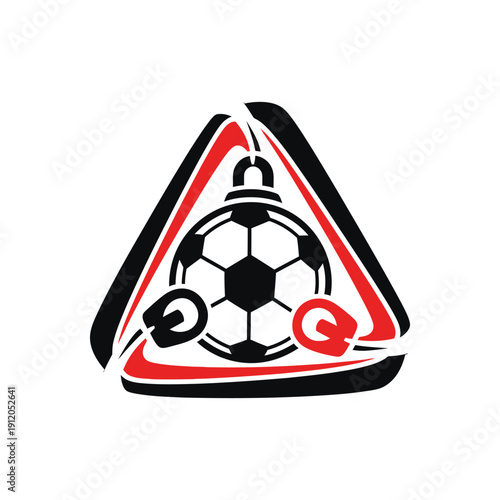 Modern soccer ball emblem inside triangular frame with technology connections