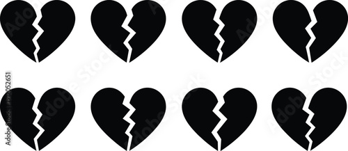 Black broken heart silhouette collection for divorce concept, relationship breakup, sadness, heartbreak emotion, medical heart condition, and metaphorical pain graphic