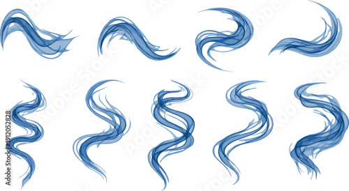 Abstract blue smoke swirl collection with flowing vapor shapes, transparent air wave effect vector illustration set