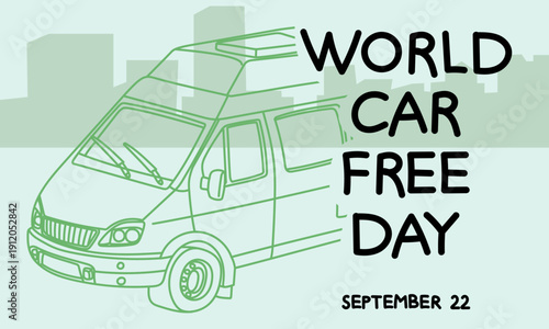 World Car-Free Day banner with a green minibus outline and a view of the city skyline. Flat illustration for environmental posters, social media campaigns, or sustainable lifestyle projects.