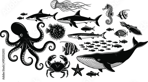 Black and white marine animals illustration set with octopus, sharks, whale, jellyfish and tropical fish ocean collection
