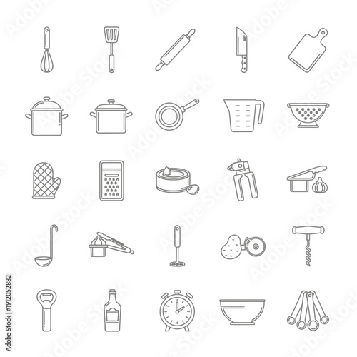 Collection of 24 Outline Kitchen Utensil and Cooking Equipment Icons on White Background