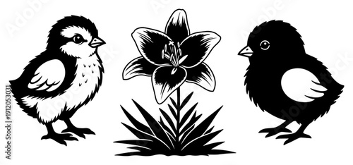 Hand drawn black and white set featuring baby chicks and an Easter lily flower in linocut style
