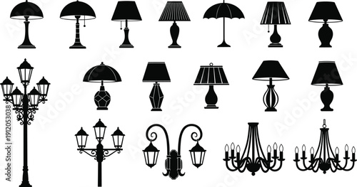 Large black silhouette vector set of vintage table lamps, classic street light lanterns, decorative wall sconces, and elegant chandeliers isolated on white background