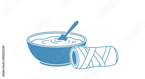 Medical Cast Preparation: Plaster Mix in Bowl with Spatula and Rolled Bandage