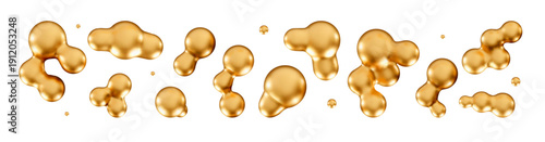 3d lava liquid blobs set Fluid 3D metaballs Abstract gold, yellow, chrome holographic spheres in flight