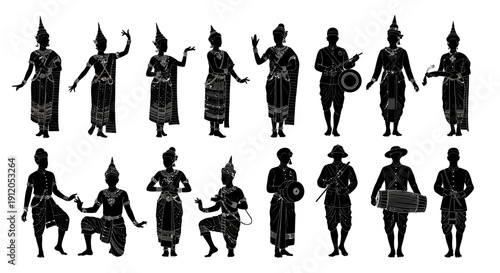 Silhouettes of traditional dancers and musicians in various poses.