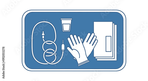 Medical Supplies: Gloves, Tubes, Paperwork, and Cup Illustrated