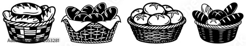 Set of four hand drawn wicker baskets filled with fresh bread in linocut style