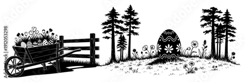 Rural Easter garden scene with wheelbarrow and giant decorated egg silhouette vector