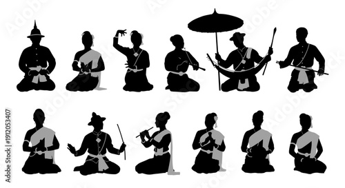 Silhouettes of Thai people in traditional clothing performing various activities.