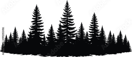 Large collection of black pine tree silhouettes and forest treelines isolated on white background for panoramic landscape design mountain logo icons and nature vector art