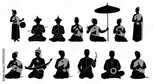 Traditional Thai musicians and dancers in various poses.