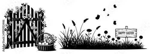 Wooden garden gate with Easter eggs basket and happy easter sign in grass silhouette