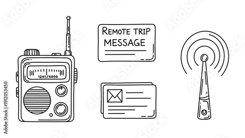 Communicating via Technology: A graphic of an old-fashioned radio beside a message and signal graphic that encapsulates communication, connection, and data transmission.