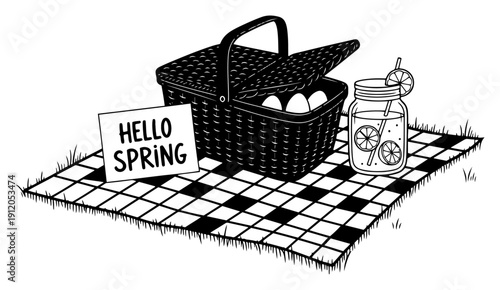 Spring picnic basket on checkered blanket with hello spring sign and lemonade jar black and white vector