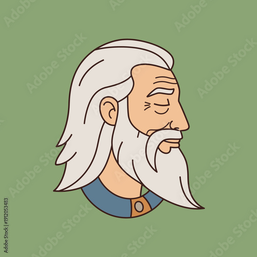 Wise Old Man with Long White Beard and Hair, Profile View, Calm Expression