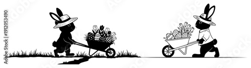 Cute Easter bunnies pushing wheelbarrow full of eggs and tulips silhouette vector illustration
