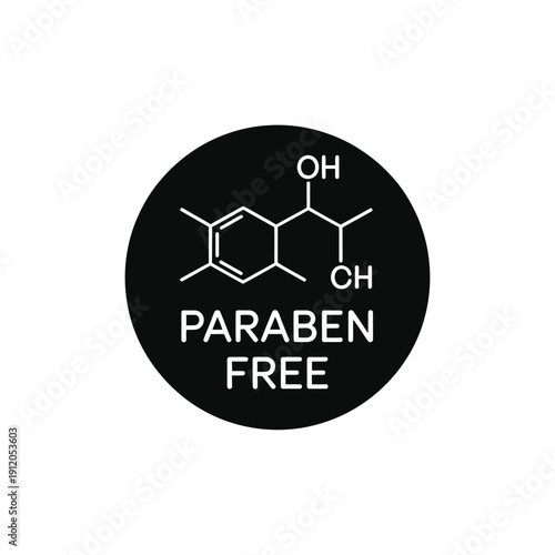 A black circular graphic displays a paraben free chemical structure with text