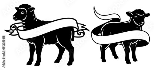 Set of two religious lamb of god figures with blank ribbons for text in silhouette style