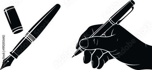 Fountain Pen and Hand Writing Silhouette Illustration Isolated on White Background, Classic Ink Pen for Signature, Calligraphy and Business Document Concept