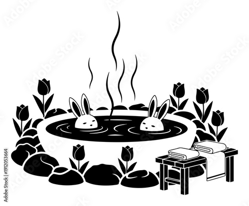 Funny easter bunny characters relaxing in hot water tub with spring tulips and towels