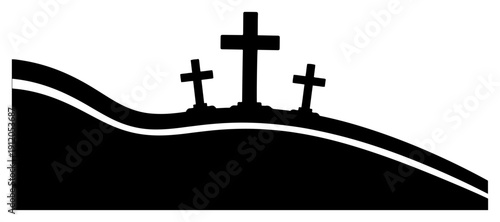 Christian religious silhouette of three crosses on calvary hill symbolizing crucifixion