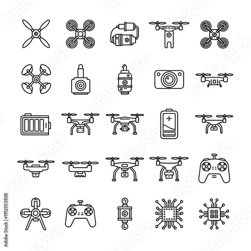 Outline Icons Set of Drone and UAV Components, Accessories, Technology, Remote Controllers, Batteries, and Cameras